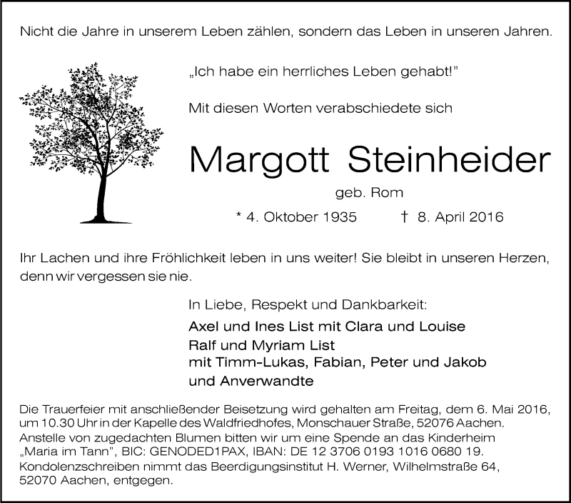  Traueranzeige für Margott Steinheider vom 30.04.2016 aus Tageszeitung