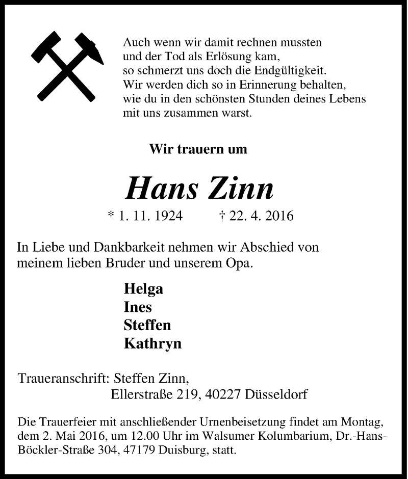  Traueranzeige für Hans Zinn vom 29.04.2016 aus Tageszeitung