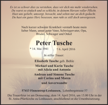 Traueranzeige von Peter Tusche von Tageszeitung