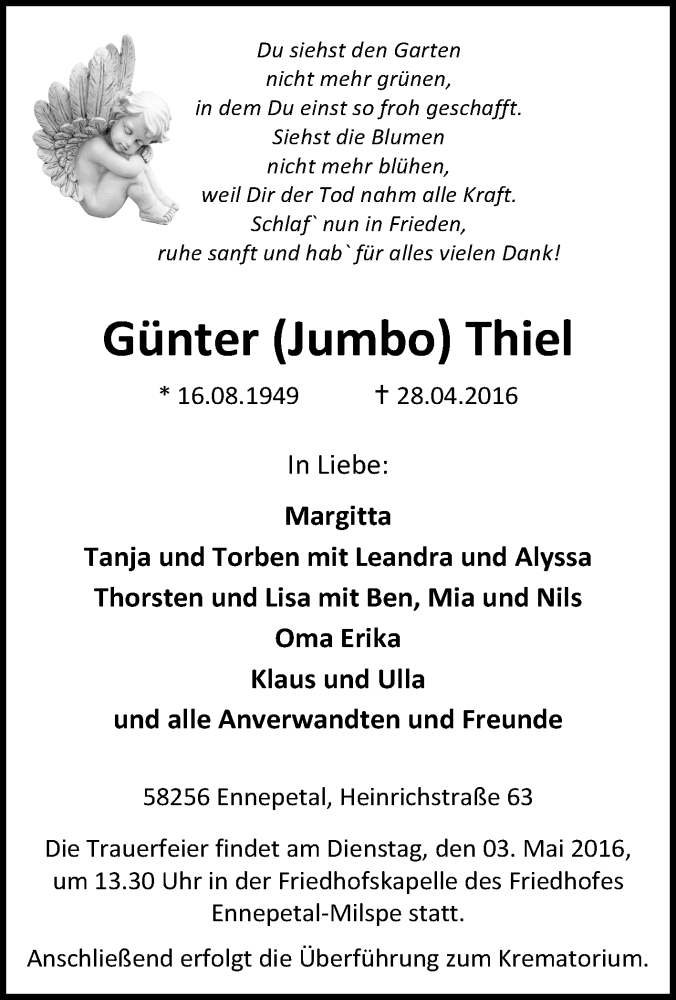  Traueranzeige für Günter Thiel vom 30.04.2016 aus Tageszeitung