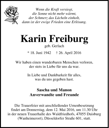 Traueranzeige von Karin Freiburg von Tageszeitung