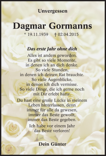 Traueranzeige von Dagmar Gormanns von Tageszeitung