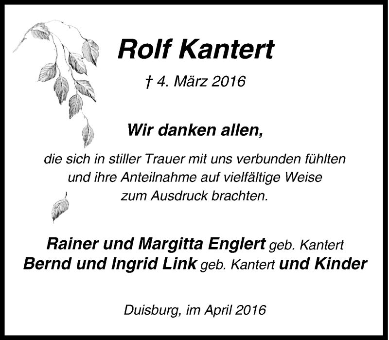  Traueranzeige für Rolf Kantert vom 06.04.2016 aus Tageszeitung