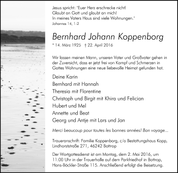 Traueranzeige von Bernhard Johann Koppenborg von Tageszeitung