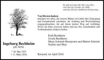 Traueranzeige von Ingeburg Bechheim von Tageszeitung