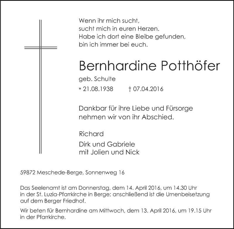  Traueranzeige für Bernhardine Potthöfer vom 08.04.2016 aus Tageszeitung