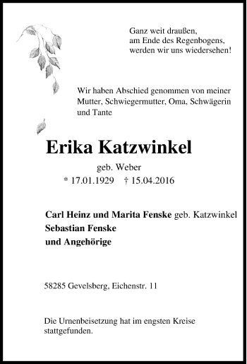Traueranzeige von Erika Katzwinkel von Tageszeitung