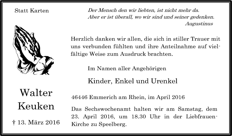  Traueranzeige für Walter Keuken vom 16.04.2016 aus Tageszeitung