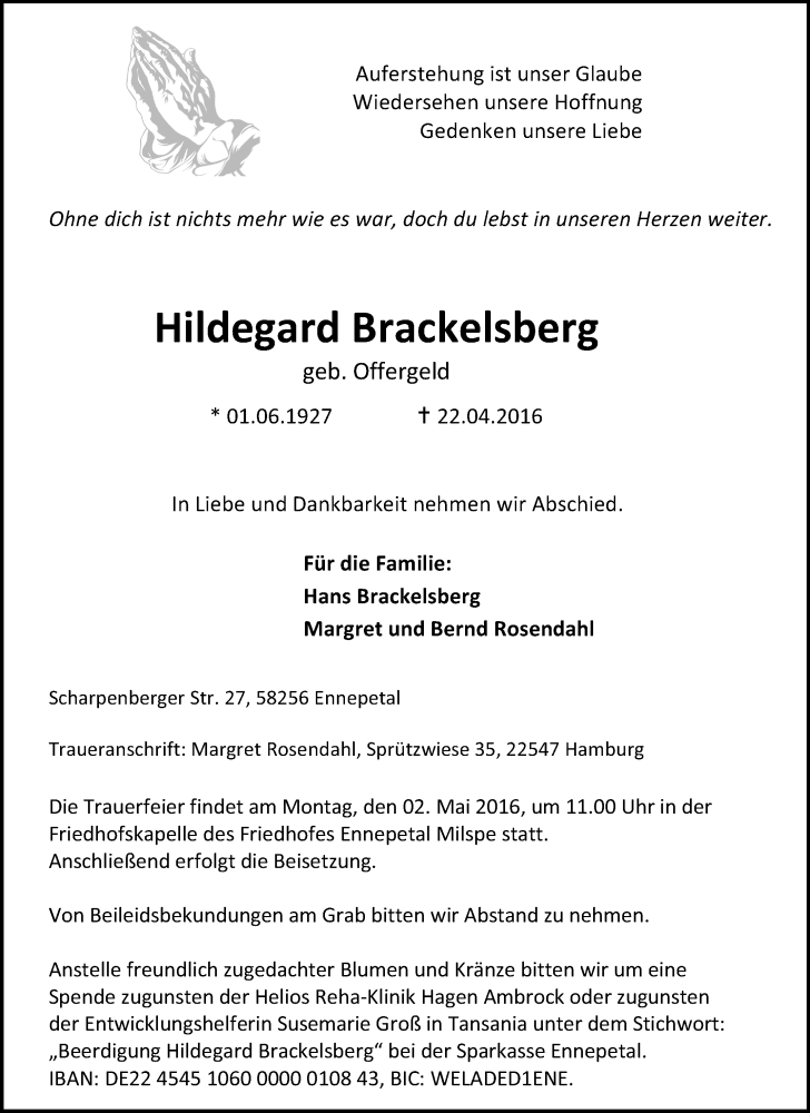  Traueranzeige für Hildegard Brackelsberg vom 28.04.2016 aus Tageszeitung