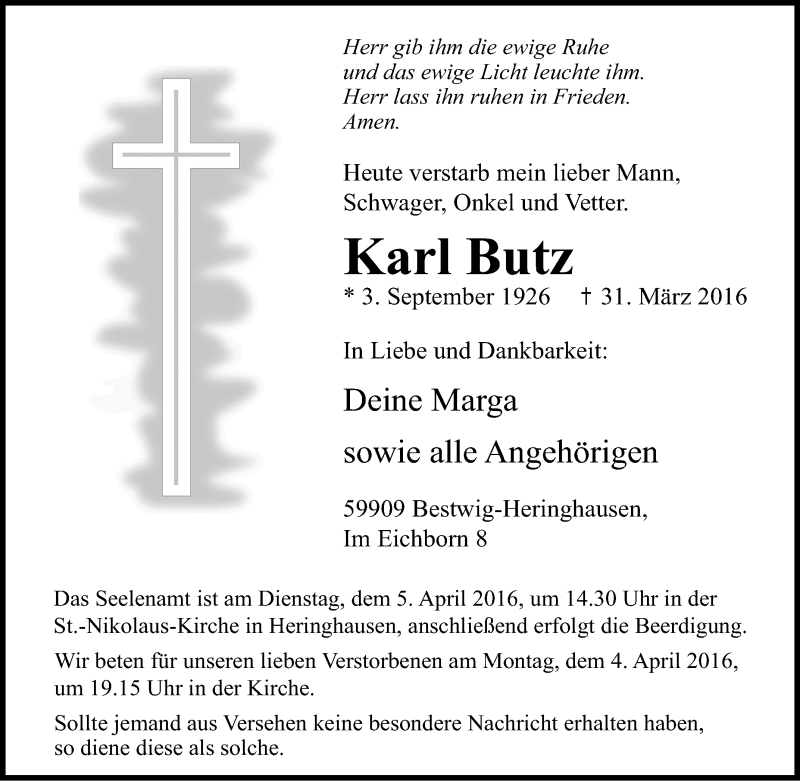  Traueranzeige für Karl Butz vom 02.04.2016 aus Tageszeitung