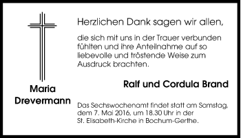 Traueranzeige von Maria Drevermann von Tageszeitung