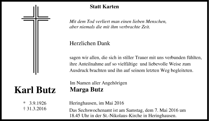 Traueranzeige für Karl Butz vom 30.04.2016 aus Tageszeitung