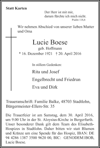 Traueranzeige von Lucie Boese von Tageszeitung