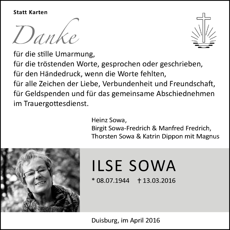  Traueranzeige für Ilse Sowa vom 09.04.2016 aus Tageszeitung