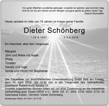 Traueranzeige von Dieter Schönberg von Tageszeitung