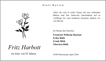 Traueranzeige von Fritz Harbott von Tageszeitung