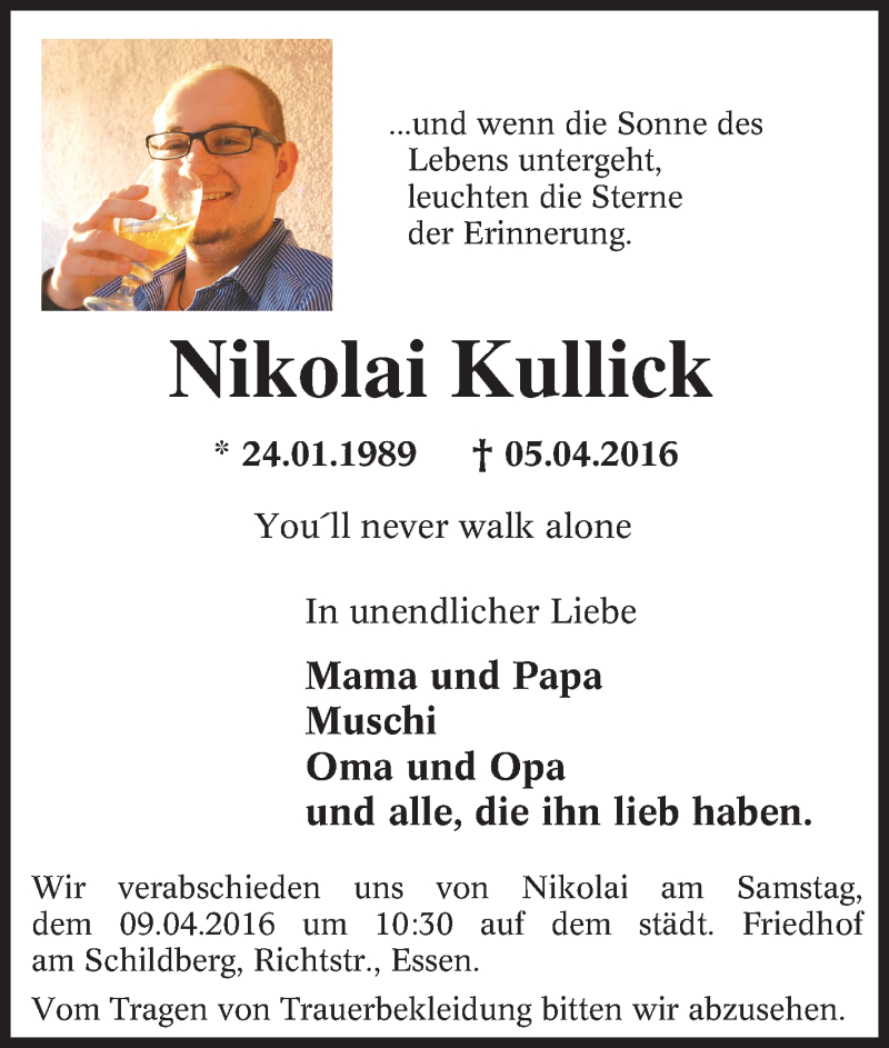  Traueranzeige für Nikolai Kullick vom 07.04.2016 aus Tageszeitung