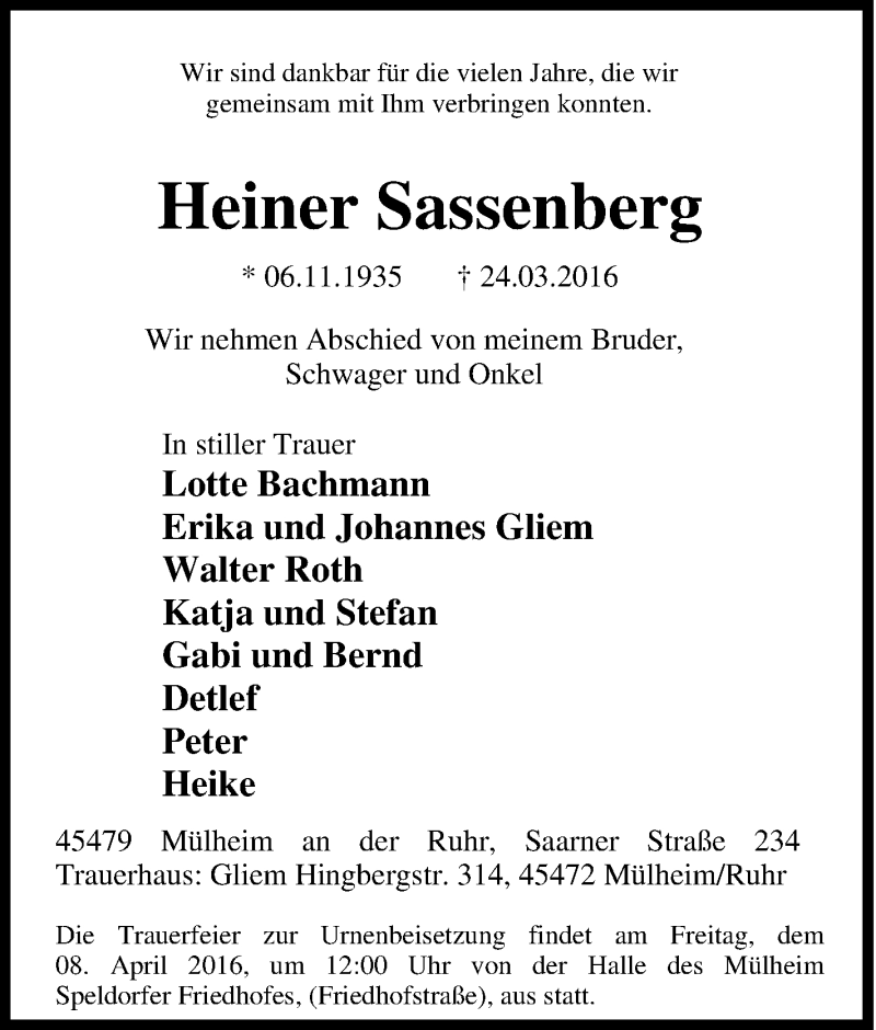  Traueranzeige für Heiner Sassenberg vom 02.04.2016 aus Tageszeitung