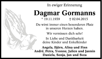 Traueranzeige von Dagmar Gormanns von Tageszeitung