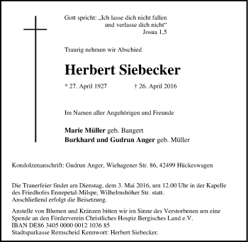Traueranzeige von Herbert Siebecker von Tageszeitung
