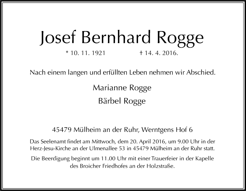  Traueranzeige für Josef Bernhard Rogge vom 16.04.2016 aus Tageszeitung