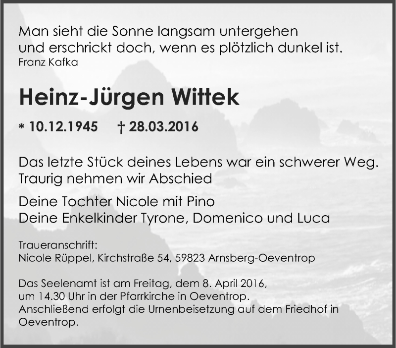  Traueranzeige für Heinz-Jürgen Wittek vom 05.04.2016 aus Tageszeitung
