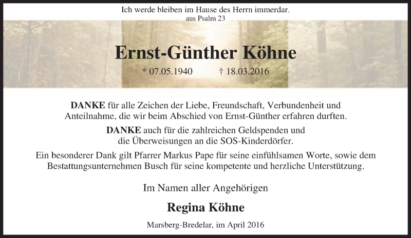  Traueranzeige für Ernst-Günther Köhne vom 09.04.2016 aus Tageszeitung
