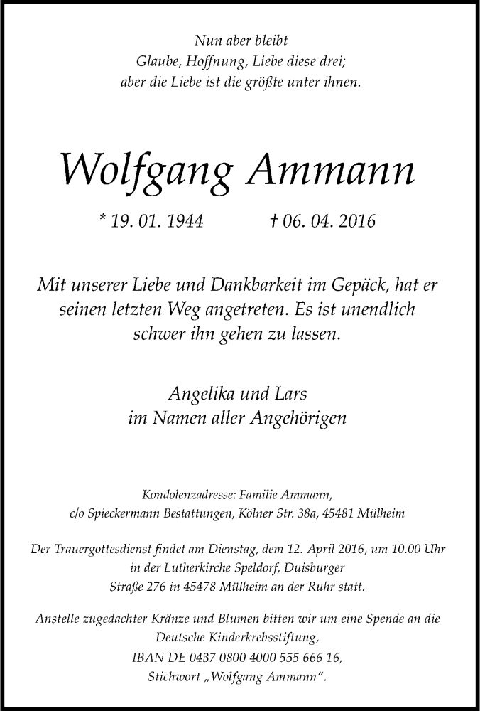  Traueranzeige für Wolfgang Ammann vom 09.04.2016 aus Tageszeitung