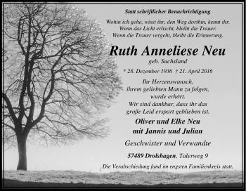 Traueranzeige von Ruth Anneliese Neu von Tageszeitung