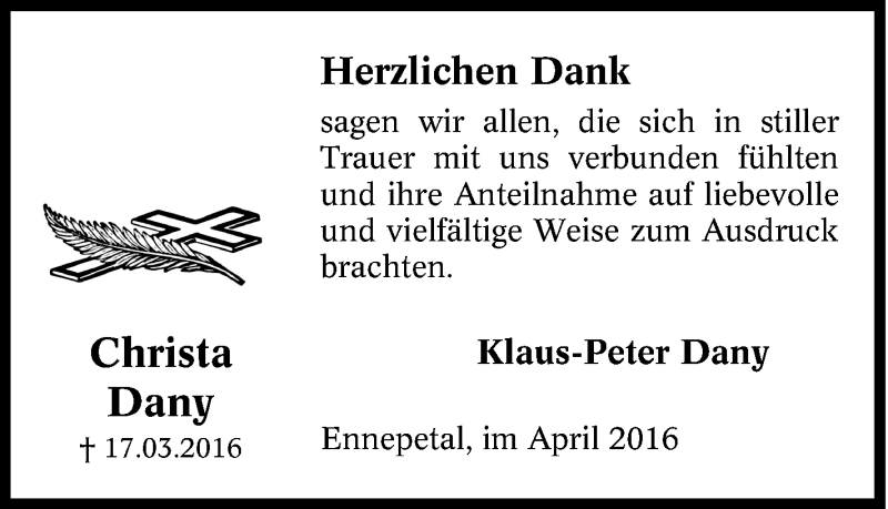  Traueranzeige für Christa Dany vom 23.04.2016 aus Tageszeitung