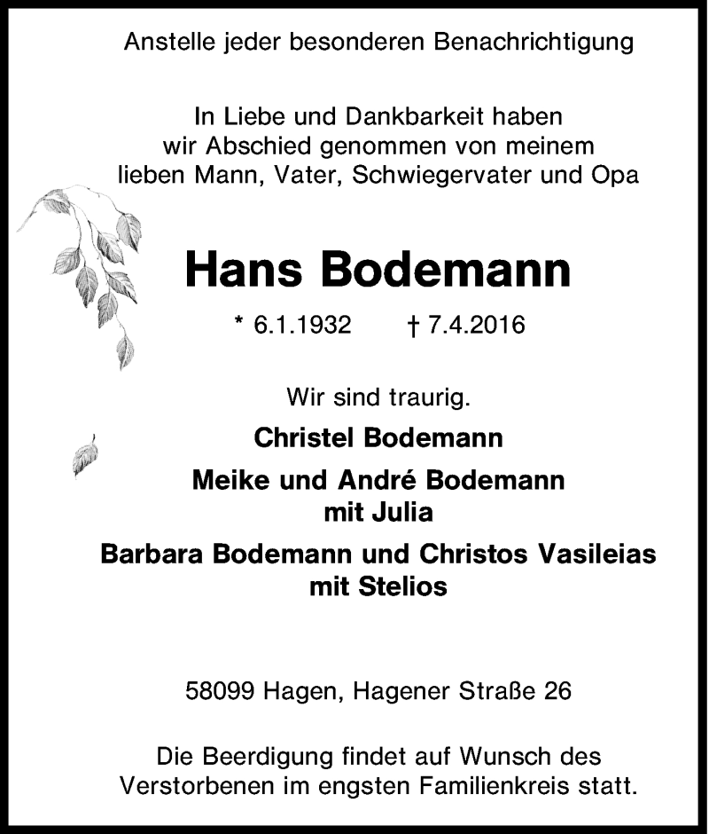  Traueranzeige für Hans Bodemann vom 19.04.2016 aus Tageszeitung