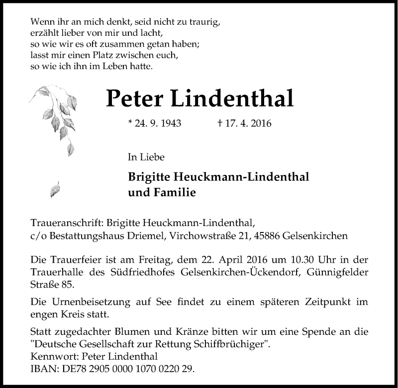 Traueranzeigen von Peter Lindenthal TrauerinNRW.de