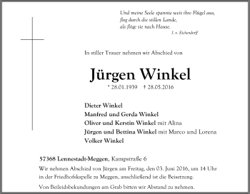 Traueranzeige von Jürgen Winkel von Tageszeitung