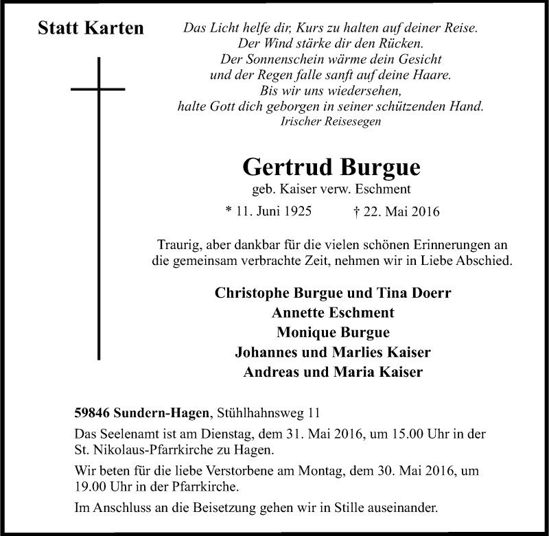  Traueranzeige für Gertrud Burgue vom 24.05.2016 aus Tageszeitung