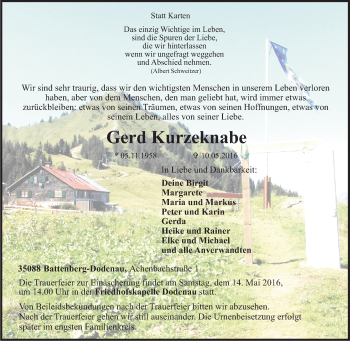 Traueranzeige von Gerd Kurzeknabe von Tageszeitung