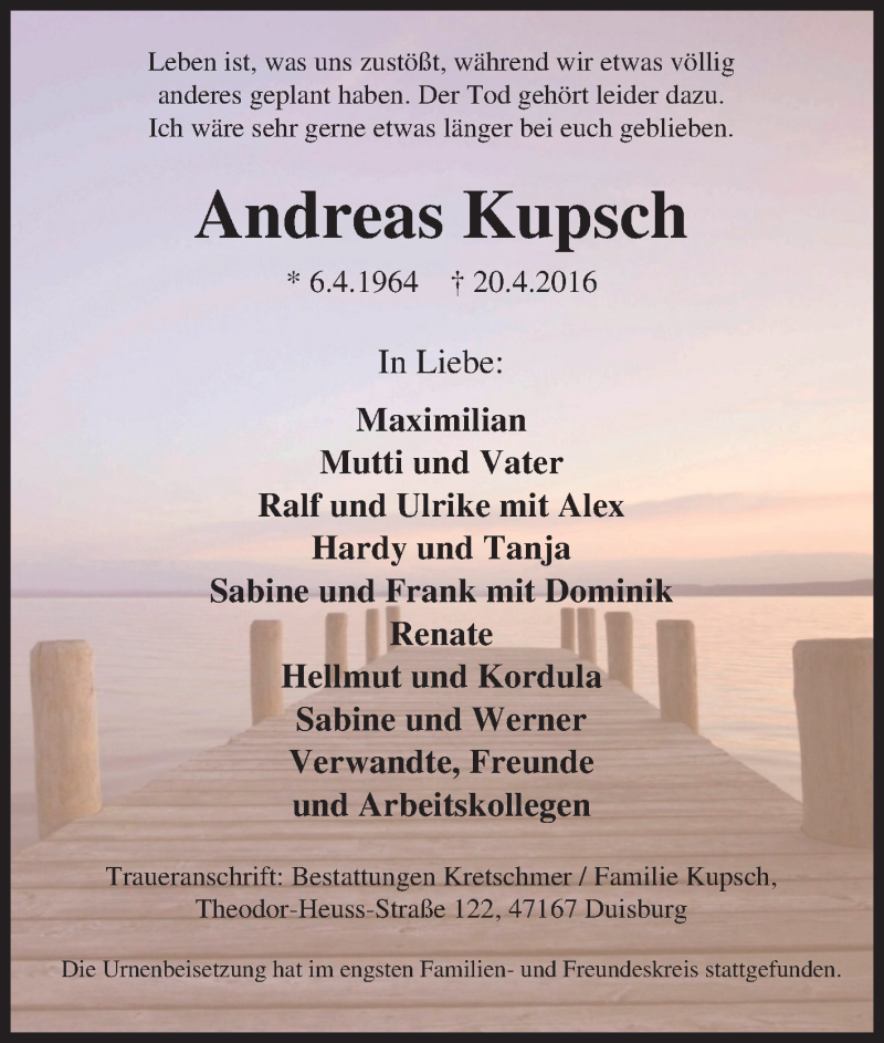  Traueranzeige für Andreas Kupsch vom 07.05.2016 aus Tageszeitung