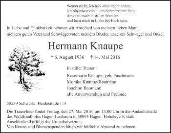 Traueranzeige von Hermann Knaupe von Tageszeitung