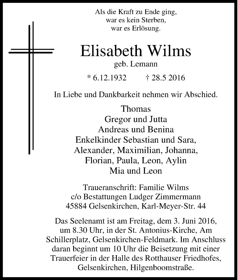  Traueranzeige für Elisabeth Wilms vom 31.05.2016 aus Tageszeitung