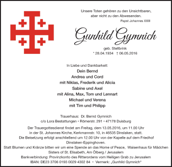 Traueranzeige von Gunhild Gymnich von Tageszeitung