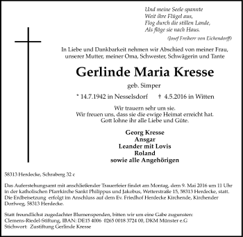Traueranzeige von Gerlinde Maria Kresse von Tageszeitung