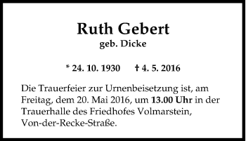 Traueranzeige von Ruth Gebert von Tageszeitung