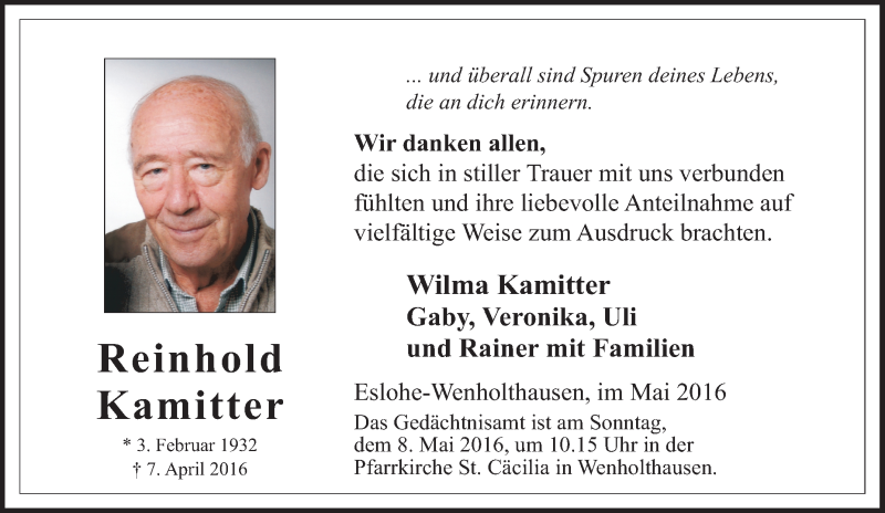  Traueranzeige für Reinhold Kamitter vom 04.05.2016 aus Tageszeitung