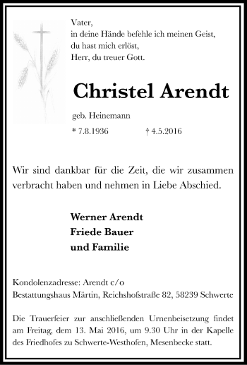 Traueranzeige von Christel Arendt von Tageszeitung