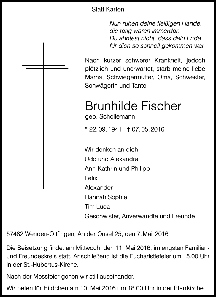  Traueranzeige für Brunhilde Fischer vom 10.05.2016 aus Tageszeitung