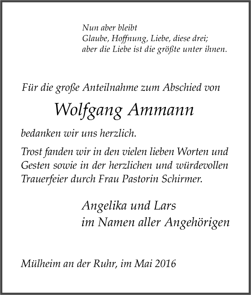  Traueranzeige für Wolfgang Ammann vom 11.05.2016 aus Tageszeitung