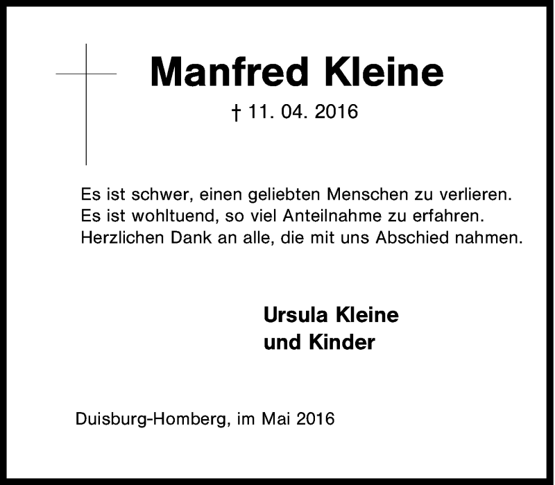  Traueranzeige für Manfred Kleine vom 20.05.2016 aus Tageszeitung