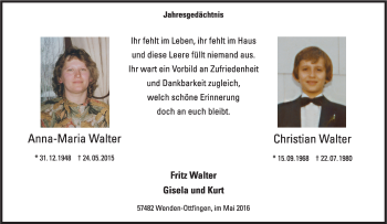 Traueranzeige von Anna-Maria und Christian Walter von Tageszeitung