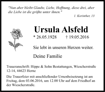 Traueranzeige von Ursula Alsfeld von Tageszeitung
