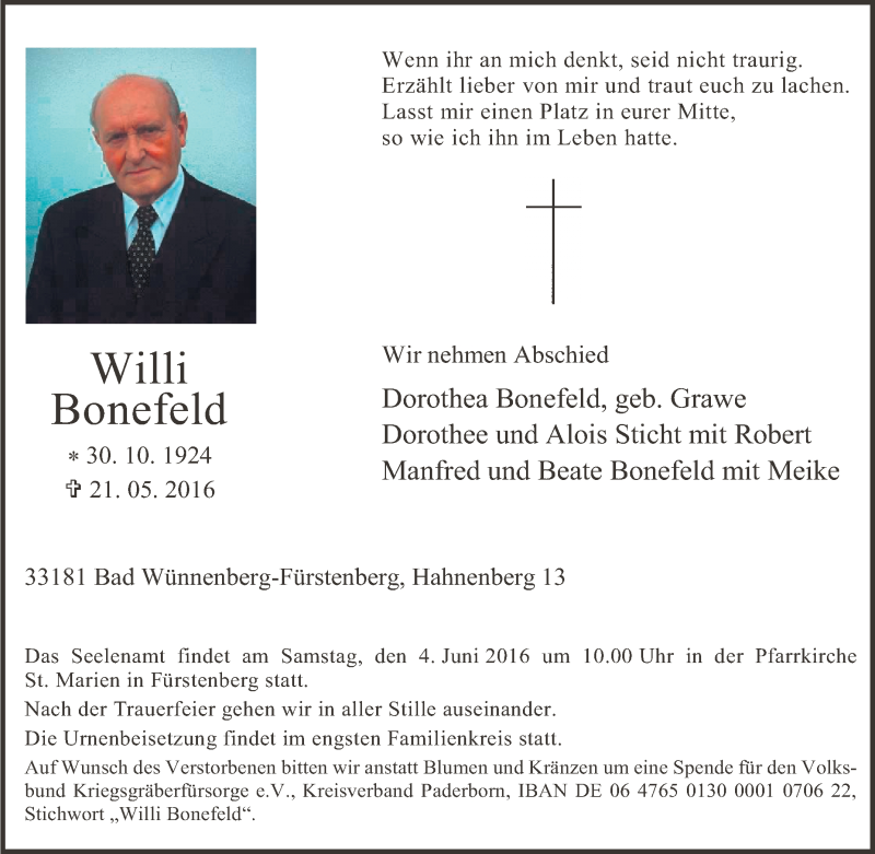 Traueranzeige für Willi Bonefeld vom 24.05.2016 aus Tageszeitung