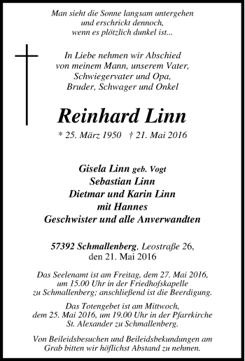 Traueranzeige von Reinhard Linn von Tageszeitung